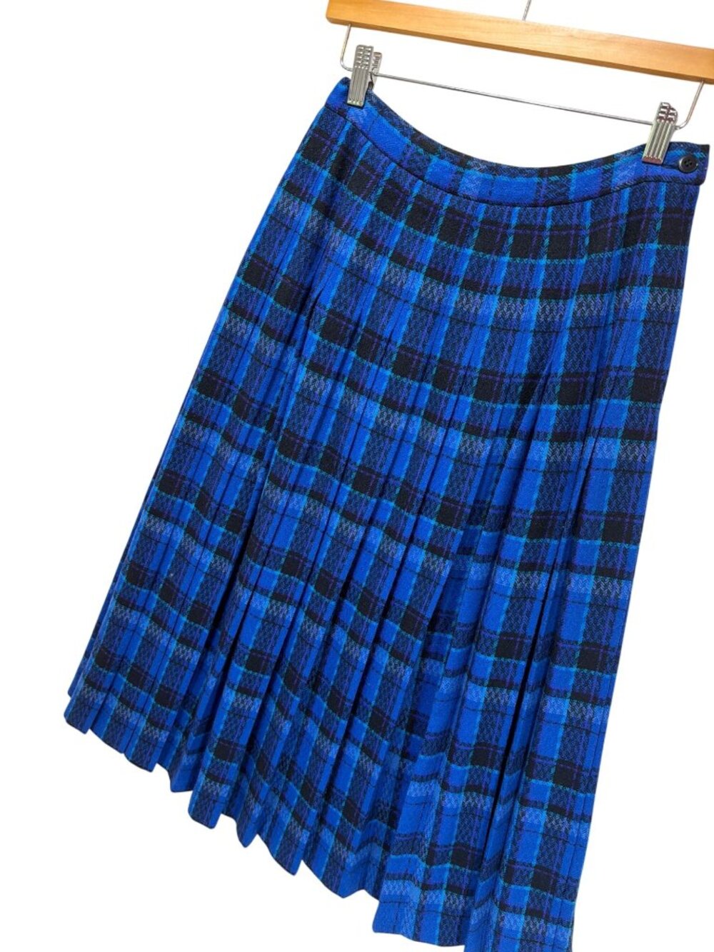 Pendleton Vintage 70s 80s Royal Blue Plaid Pleated Wool Midi Skirt Size 8